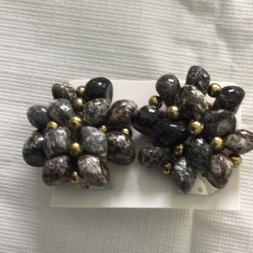 Woman’s Clip on Earrings color black gray and gold beads.